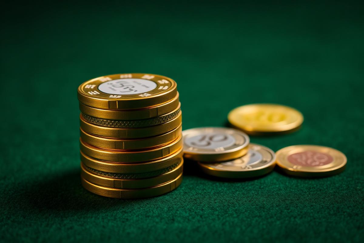 Fichas doradas y monedas sobre tapete verde - bonos de europeos online casinos