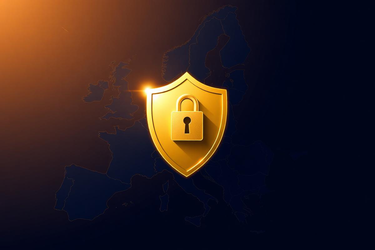 Escudo dorado con candado sobre mapa de Europa - licencias de casinos online europeos